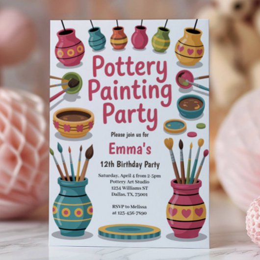 Kids Watercolor Pottery Painting Birthday Party Kaart