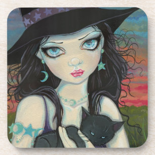 Kiekeboe Heks en Kat Halloween Fantasie Kunst Bier Onderzetter