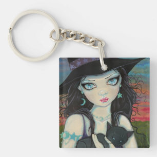 Kiekeboe Heks en Kat Halloween Fantasie Kunst Sleutelhanger