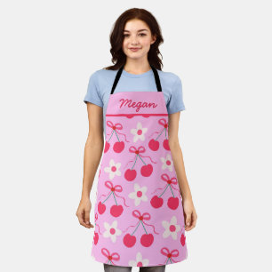 Kiekeboe Kersen met Rode Strikken en Bloemen Naam Schort