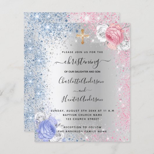 Kiekenmeisje blauwe roze uitnodiging (Voorkant / Achterkant)