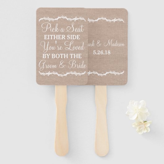 Kies een Seat Beide Zijjute bruiloft Handwaaier (Voorkant en achterkant)