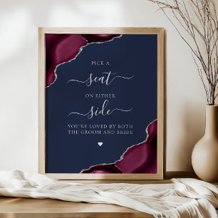 Kies een Stoel Burgundy Agate Zilver Navy Bruiloft Poster