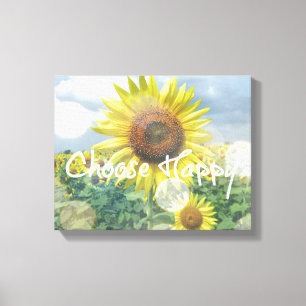 Kies Happy Quote met Zonnebloemen Canvas Afdruk
