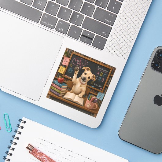 Kies Mij! Schattige Schoolhond Geeft Poot Sticker (Laptop met iPhone)