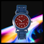 KIES UW KLEUREN, Jouw naam, Kinder Blauwe Pols Horloge<br><div class="desc">Dit leuke kinder polshorloge met een blauw siliconenbandje kan naar wens worden aangepast. U kunt UW EIGEN KLEUR KIEZEN om de achtergrond op het horlogegezicht te vervangen en u kunt de tekst laten zeggen wat u wilt. Of houd mijn bordeaux en wit ontwerp. Alle rechten voorbehouden © 2023 Alan &...</div>