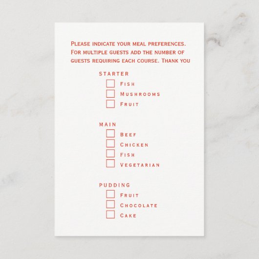 Kies uw maaltijd Kerst maaltijd opties behuizing Informatiekaartje (Achterkant)