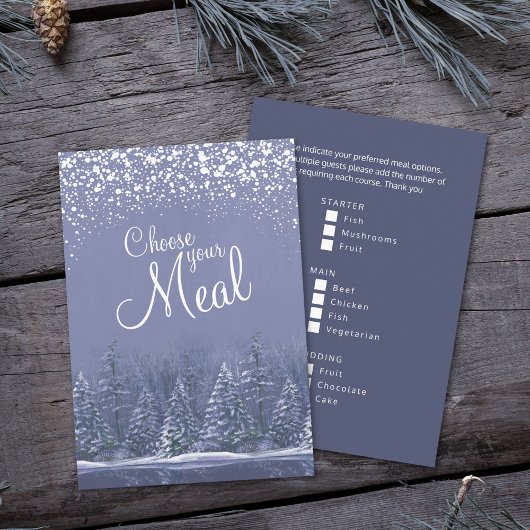 Kies uw maaltijd Kerstmis sneeuw meer blauwe bomen Informatiekaartje