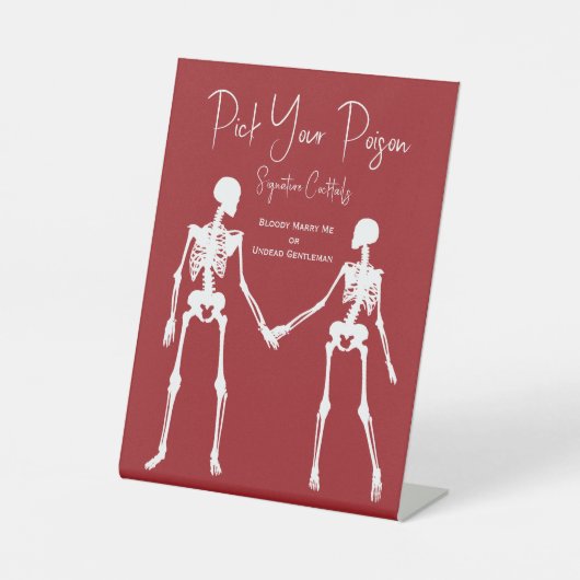 Kies uw Poison Skelet Bruiloft Rode Drink Menu Reclamebord Met Voetstuk (Voorkant)