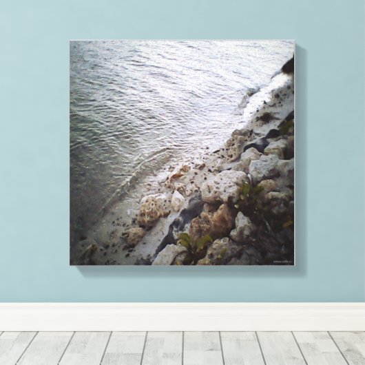 Kiezels op het strand - Ocean Blue Trimmining Canvas Afdruk (Insitu (Houten vloer))