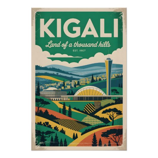 Kigali Rwanda Retro Reisposter Kunst Perfect Poster (Voorkant)