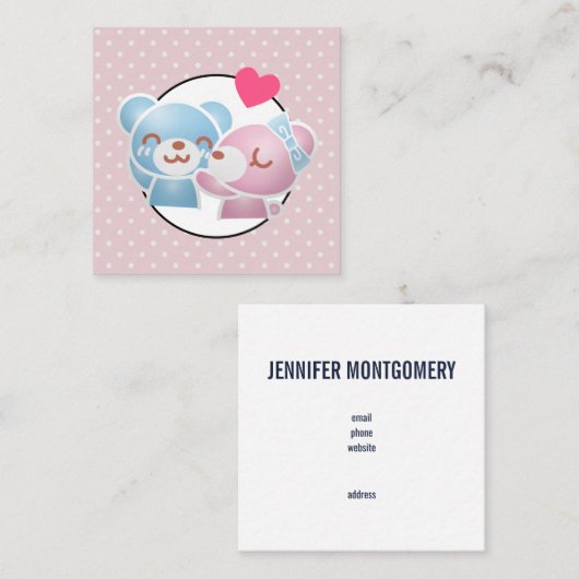 KIhet Beer op Polka Dots Cute en Kawaii Vierkante Visitekaartje (Voorkant / Achterkant)