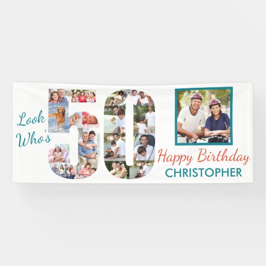 Kijk eens wie 50 foto-collage 50th Birthday Party  Spandoek (Horizontaal)