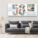 Kijk eens wie 50 foto-collage 50th Birthday Party  Spandoek<br><div class="desc">De 50e verjaardagsbanner van de douane die u met een naam en enkele van uw favoriete foto's kunt personaliseren. Het fotomalplaatje toont uw afbeeldingen in een fotocollage die aantal 50 evenals één hoofdvierkant afbeelding vormt. Het ontwerp luidt: "Kijk eens wie er 50 is ...  Happy Birthday [jouw naam]".</div>