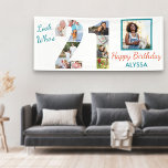 Kijk eens wie er 21 is Foto Collage 21st Birthday  Spandoek<br><div class="desc">De 21ste verjaardagsbanner van de douane die u met een naam en enkele van uw favoriete foto's kunt personaliseren. Het fotomalplaatje toont uw afbeeldingen in een fotocollage die aantal 21 evenals één hoofdvierkant afbeelding vormt. Het ontwerp luidt: "Kijk eens wie 21 is...  Happy Birthday [jouw naam]".</div>