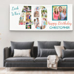 Kijk eens wie er 40 is Foto Collage 40th Birthday  Spandoek<br><div class="desc">De 40e verjaardagsbanner van de douane die u met een naam en enkele van uw favoriete foto's kunt personaliseren. Het fotomalplaatje toont uw afbeeldingen in een fotocollage die aantal 40 evenals één hoofdvierkant afbeelding vormt. In het ontwerp staat: "Kijk eens wie er 40 Happy Birthday [jouw naam] is".</div>