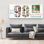 Kijk eens wie er 90 is Foto Collage 90th Birthday  Spandoek<br><div class="desc">De 90e verjaardagsbanner van de douane die u met een naam en enkele van uw favoriete foto's kunt personaliseren. Het fotomalplaatje toont uw afbeeldingen in een fotocollage die aantal 90 evenals één hoofdvierkant afbeelding vormt. Het ontwerp luidt: "Kijk eens wie er 90 is ...  Happy Birthday [jouw naam]".</div>