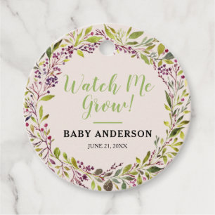Kijk hoe ik groei bloemenkrans paarse baby shower bedankjes labels