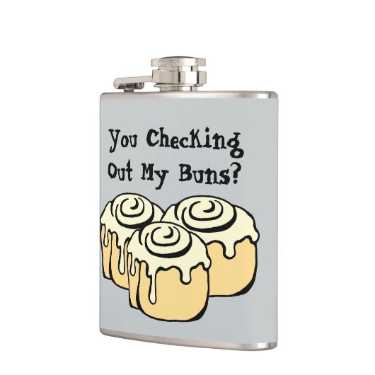 KIJK JE MIJN BUNS UIT? Funny Pun Humor Quote Heupfles (Links)