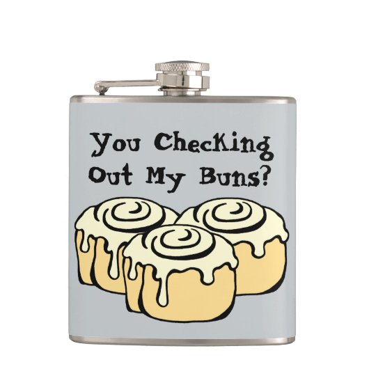 KIJK JE MIJN BUNS UIT? Funny Pun Humor Quote Heupfles (Voorkant)