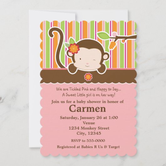 Kijk maar meisje aap babyshower uitnodiging (Voorkant)