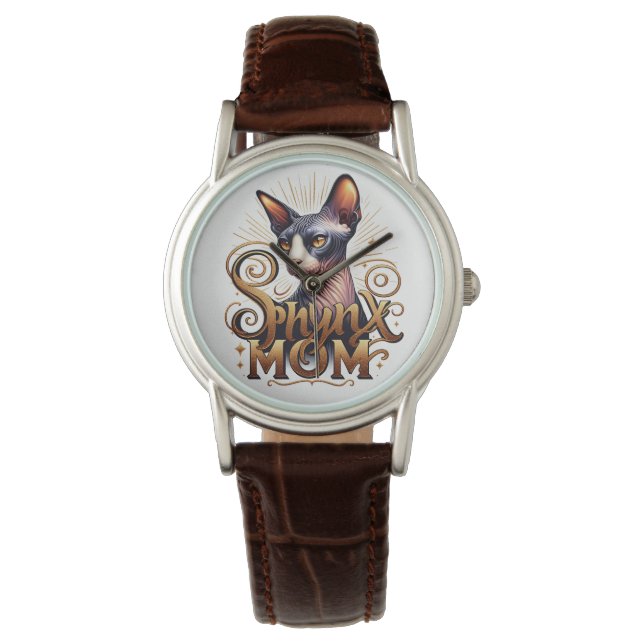 Kijk naar Brown Leather Strap | Sphynx Cat Mom Horloge (Voorkant)