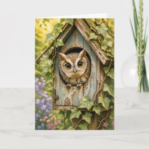 Kijk-om-hoekje Uil Vogelhuis Aquarel Lege Wenskaar Kaart