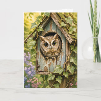 Kijk-om-hoekje Uil Vogelhuis Aquarel Lege Wenskaar Kaart