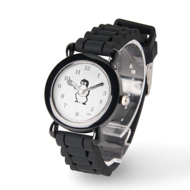 Kijk: Pinguïn Tennisspeler Horloge (Hoek)