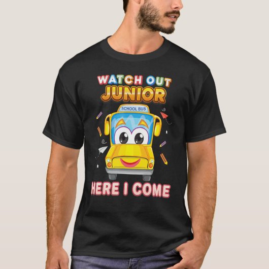 Kijk uit Junior Hier kom ik schoolbus Kind student T-shirt (Voorkant)