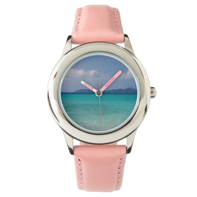 Kijk uit met roze band en Caribische scène Horloge (Voorkant)