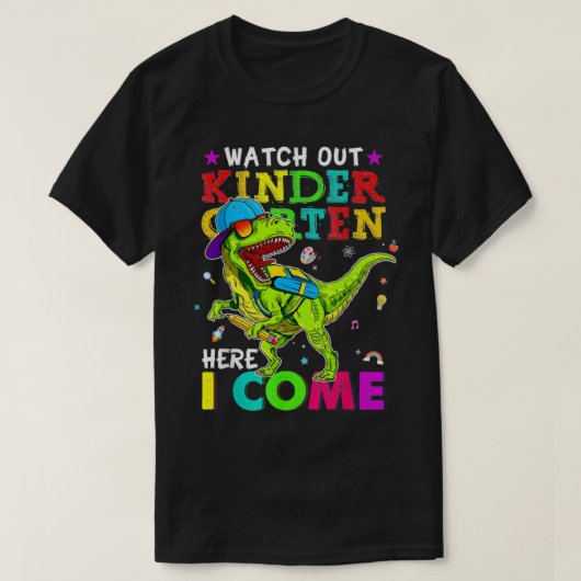 Kijk uit naar Kindergarten hier. Ik kom Dinosaurië T-shirt (Design voorkant)