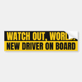 Kijk uit World New Driver aan boord Grappig Bumpersticker (Voorkant)