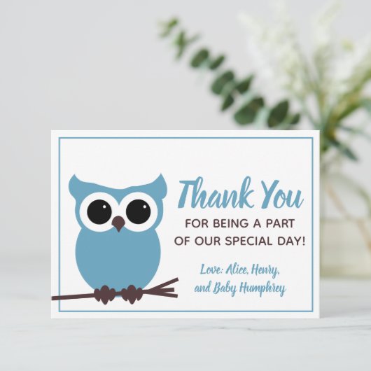 Kijk wat er bijna verschuldigd is! Blue Owl Bedank Bedankkaart (Staand voorkant)