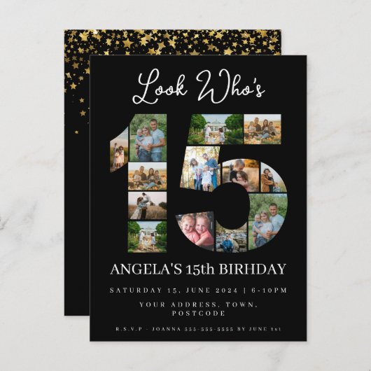 kijk wie 15 is Foto collage quinceanera uitnodigin Uitnodiging Briefkaart (Voorkant / Achterkant)