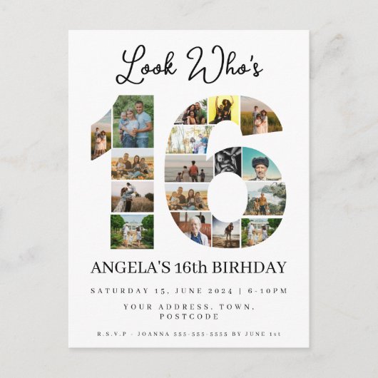 kijk wie 16 is Foto Collage uitnodiging tiener (Voorkant)