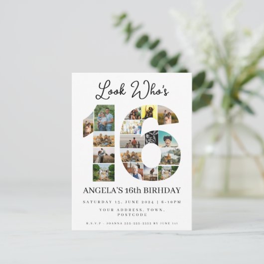 kijk wie 16 is Foto Collage uitnodiging tiener (Staand voorkant)