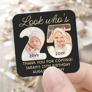 Kijk wie 25 is Zwart & Goud Verjaardagsfeest 2 Fot Vierkante Sticker