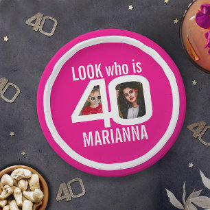 Kijk wie 40e verjaardag 2 foto wit roze feest papieren bordje