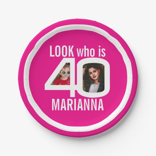 Kijk wie 40e verjaardag 2 foto wit roze feest papieren bordje (Voorkant)