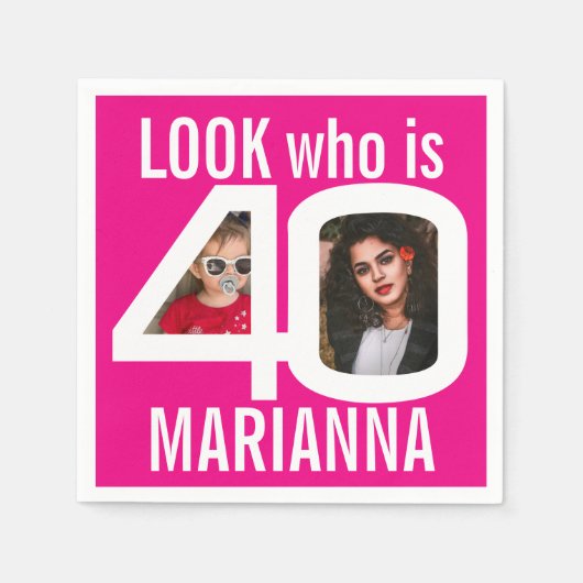 Kijk wie 40e verjaardag 2 foto's wit roze feest servet (Voorkant)