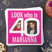 Kijk wie 40e verjaardag 2 foto's wit roze feest servet