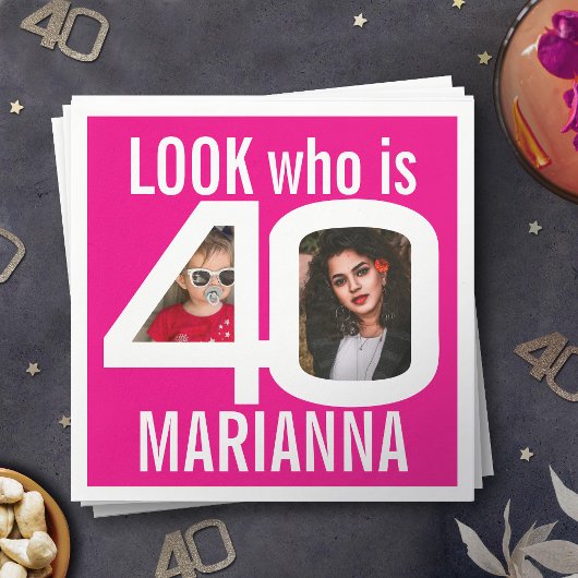 Kijk wie 40e verjaardag 2 foto's wit roze feest servet