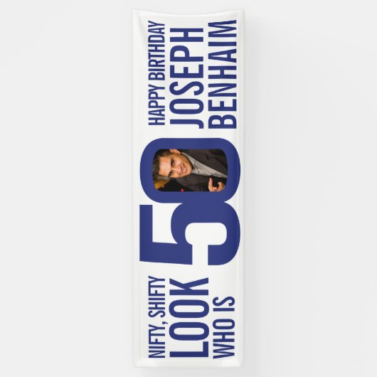 Kijk wie 50 50ste verjaardagsfeestje foto blauw wi spandoek (Verticaal)