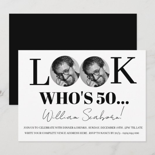 Kijk wie 50 is, 50ste verjaardagsuitnodiging met f kaart (Voorkant / Achterkant)