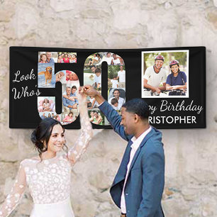 Kijk wie 50 is Foto Collage Zwart 50ste Verjaardag Spandoek