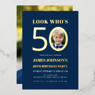 Kijk Wie 50 Is Kid Foto 50ste Verjaardag Blauw Gou Folie Uitnodiging