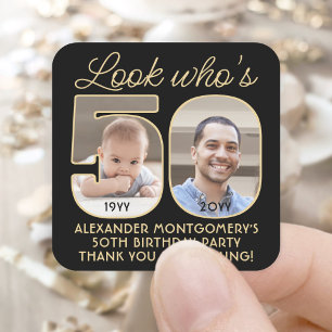Kijk wie 50 is Zwarte & Gouden Verjaardagsfeestje Vierkante Sticker