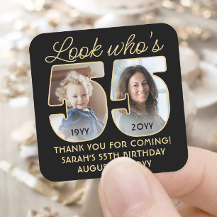 Kijk wie 55 is Verjaardagsfeest 2 foto zwart goud Vierkante Sticker