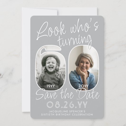 Kijk wie 60 is Moderne foto nummers verjaardagsfee Save The Date (Voorkant)